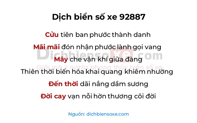 Dịch thơ biển số 92887