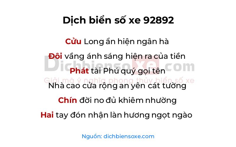 Dịch thơ biển số 92892