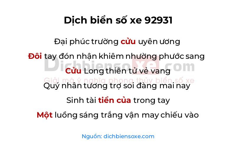 Dịch thơ biển số 92931