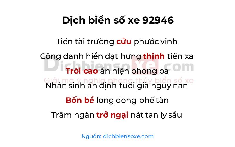Dịch thơ biển số 92946