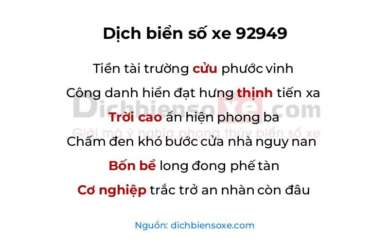 Dịch thơ biển số 92949