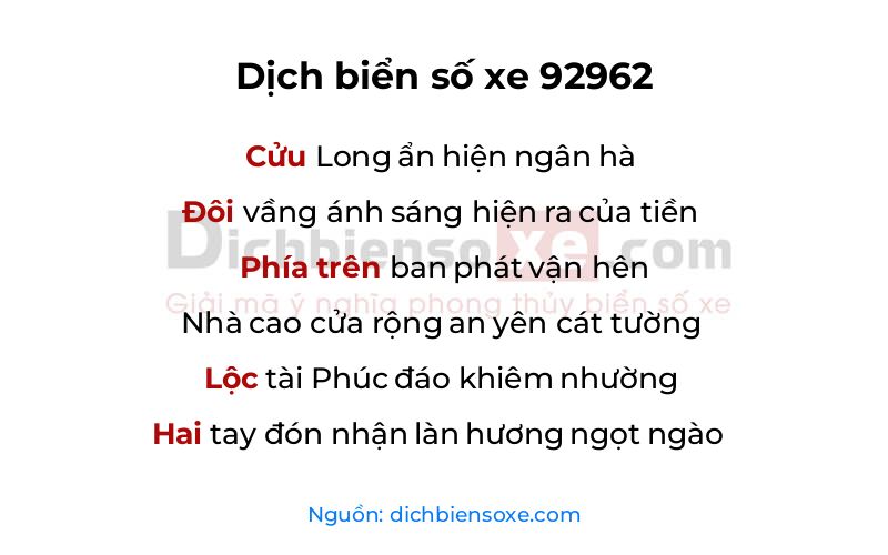 Dịch thơ biển số 92962