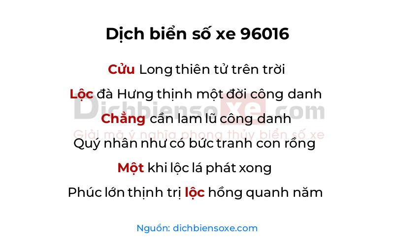 Dịch thơ biển số 96016