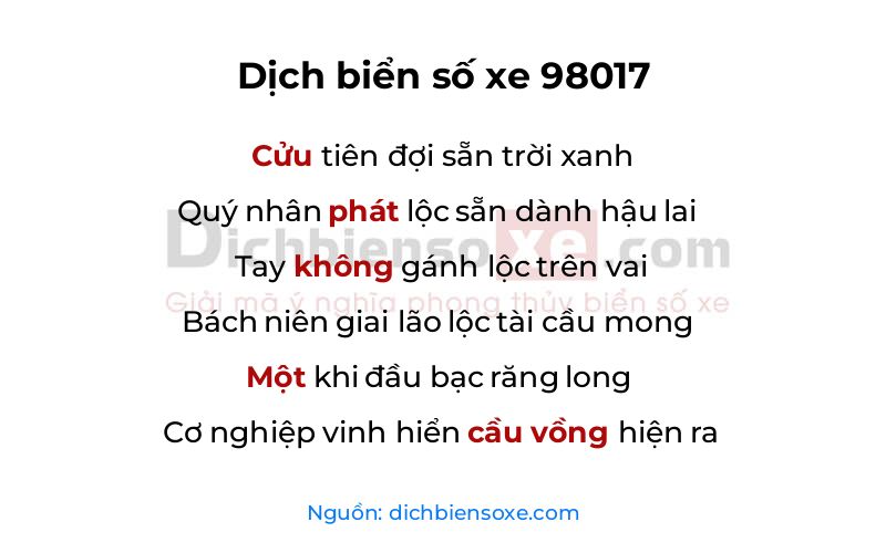 Dịch thơ biển số 98017
