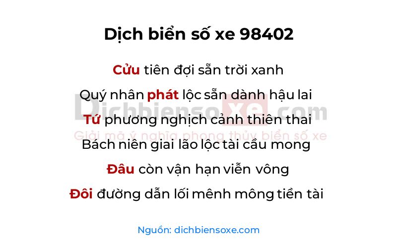 Dịch thơ biển số 98402