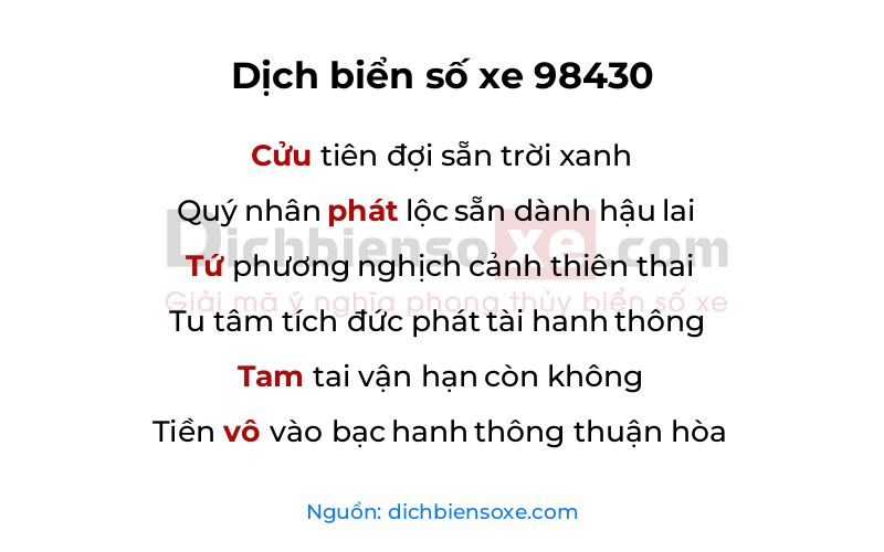 Dịch thơ biển số 98430