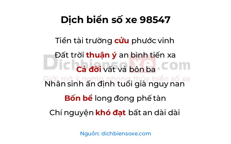 Dịch thơ biển số 98547
