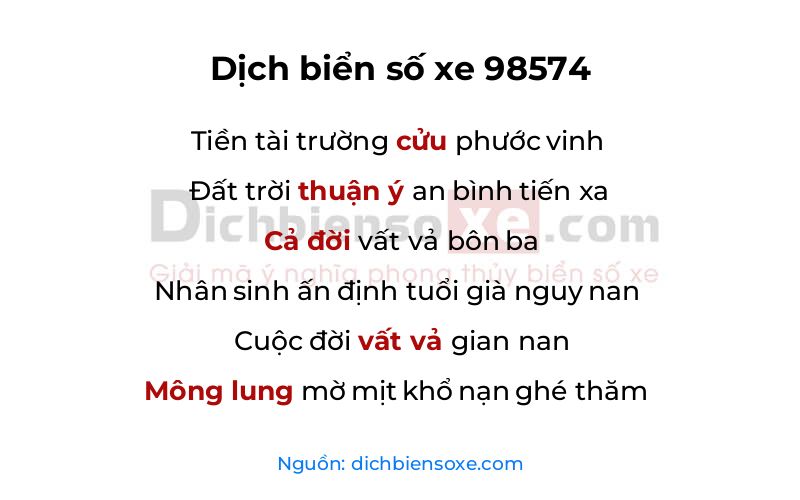 Dịch thơ biển số 98574