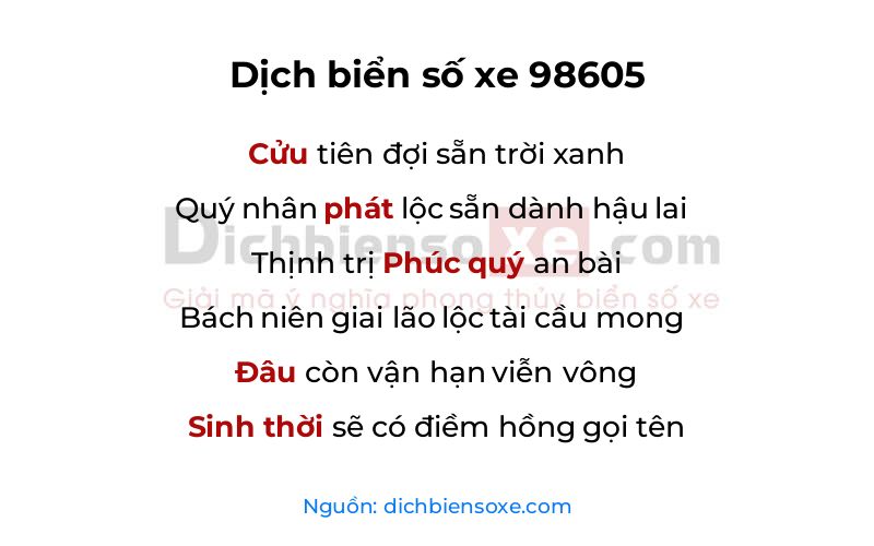 Dịch thơ biển số 98605