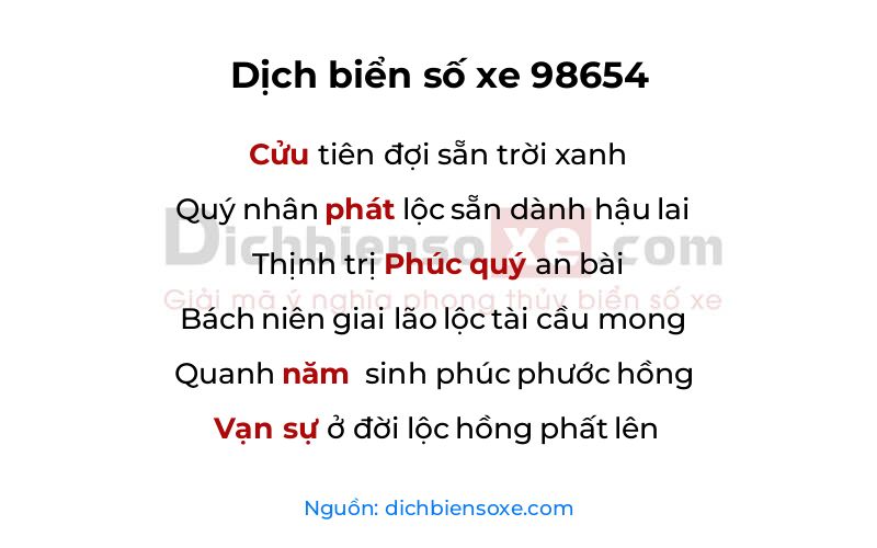 Dịch thơ biển số 98654