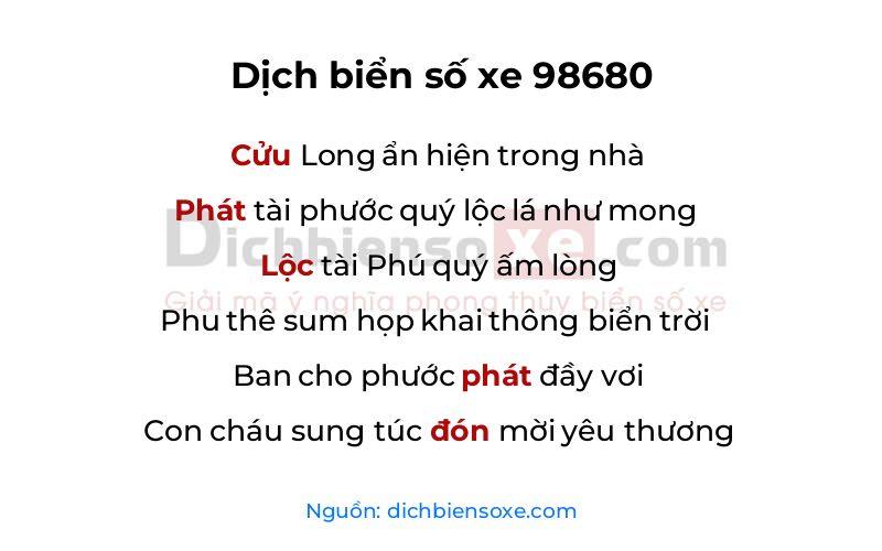 Dịch thơ biển số 98680