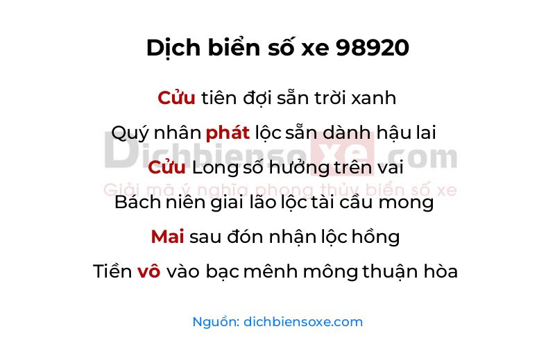 Dịch thơ biển số 98920
