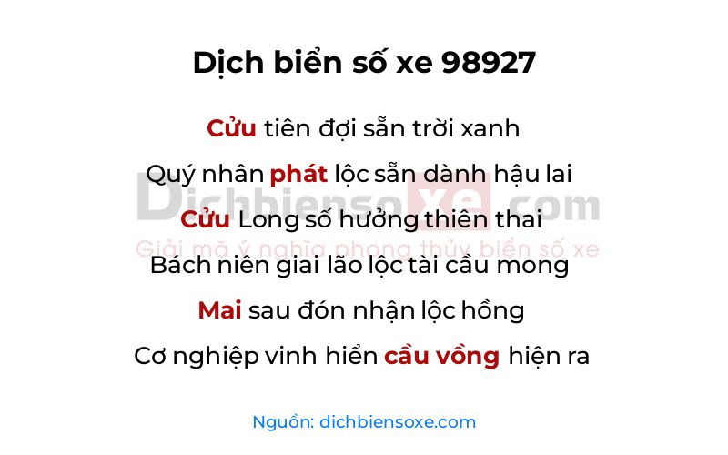 Dịch thơ biển số 98927